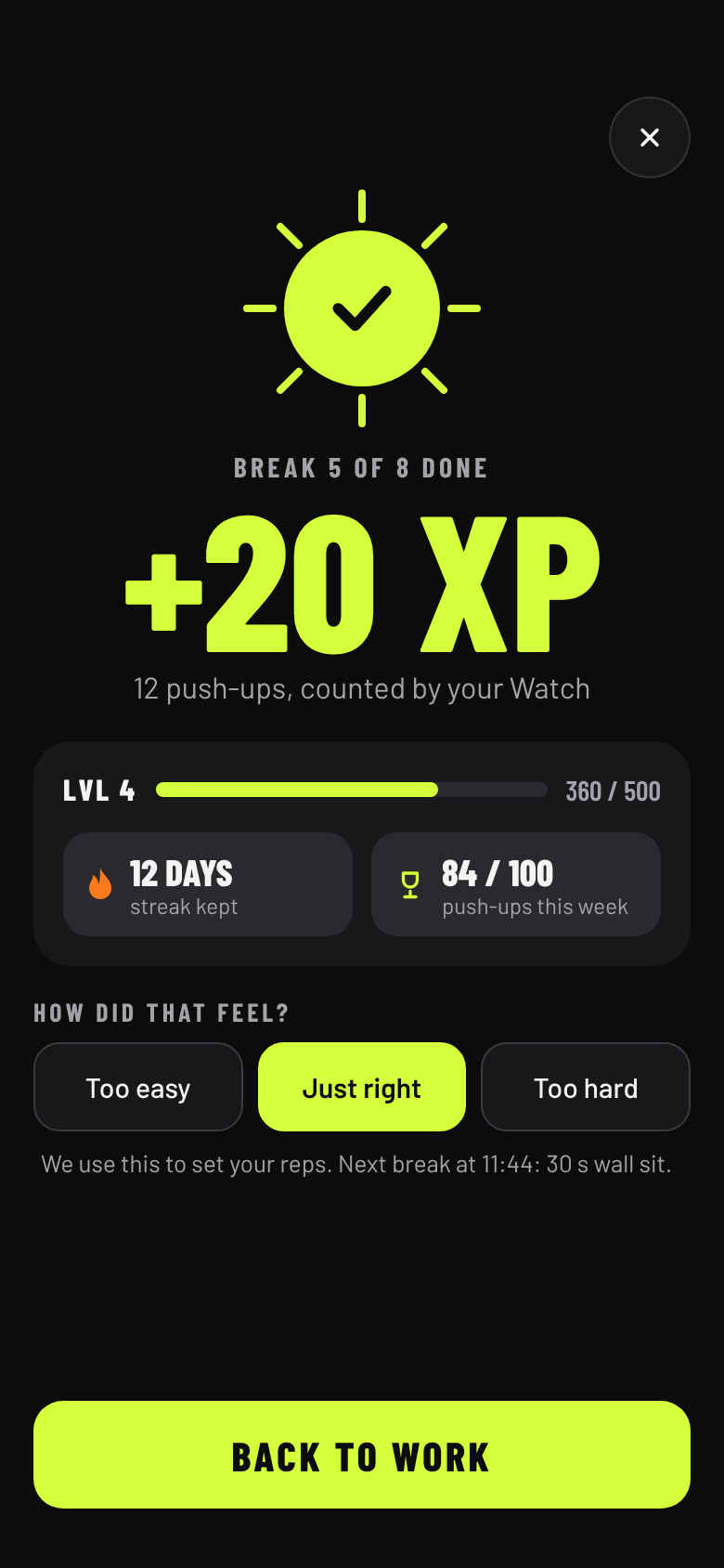 Break done: +20 XP for 12 push-ups
