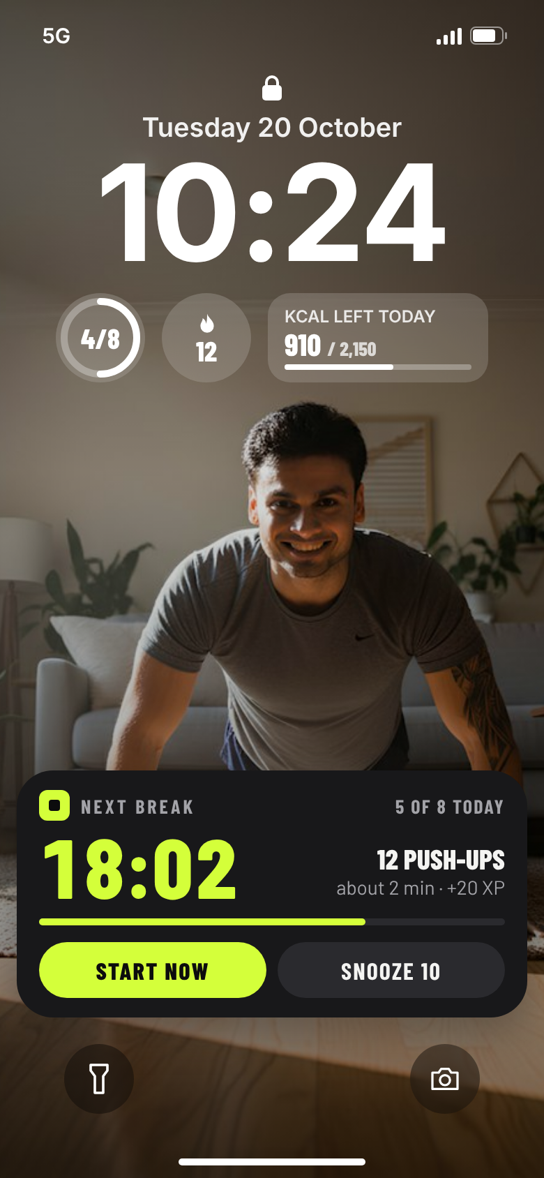 The Lock Screen with the next break countdown: 18 minutes, 12 push-ups