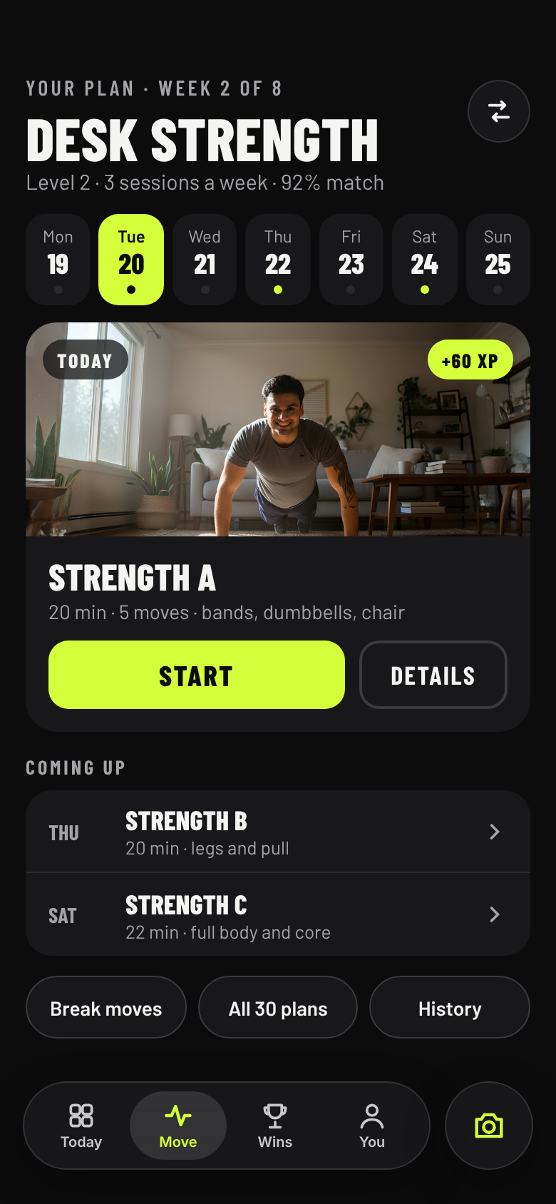 The Move screen: week 2 of the Desk Strength plan, with today's workout