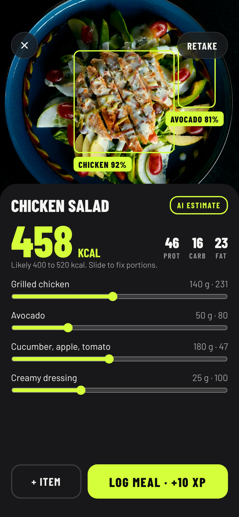 A meal scan: chicken salad, about 458 kcal, with each food and its grams